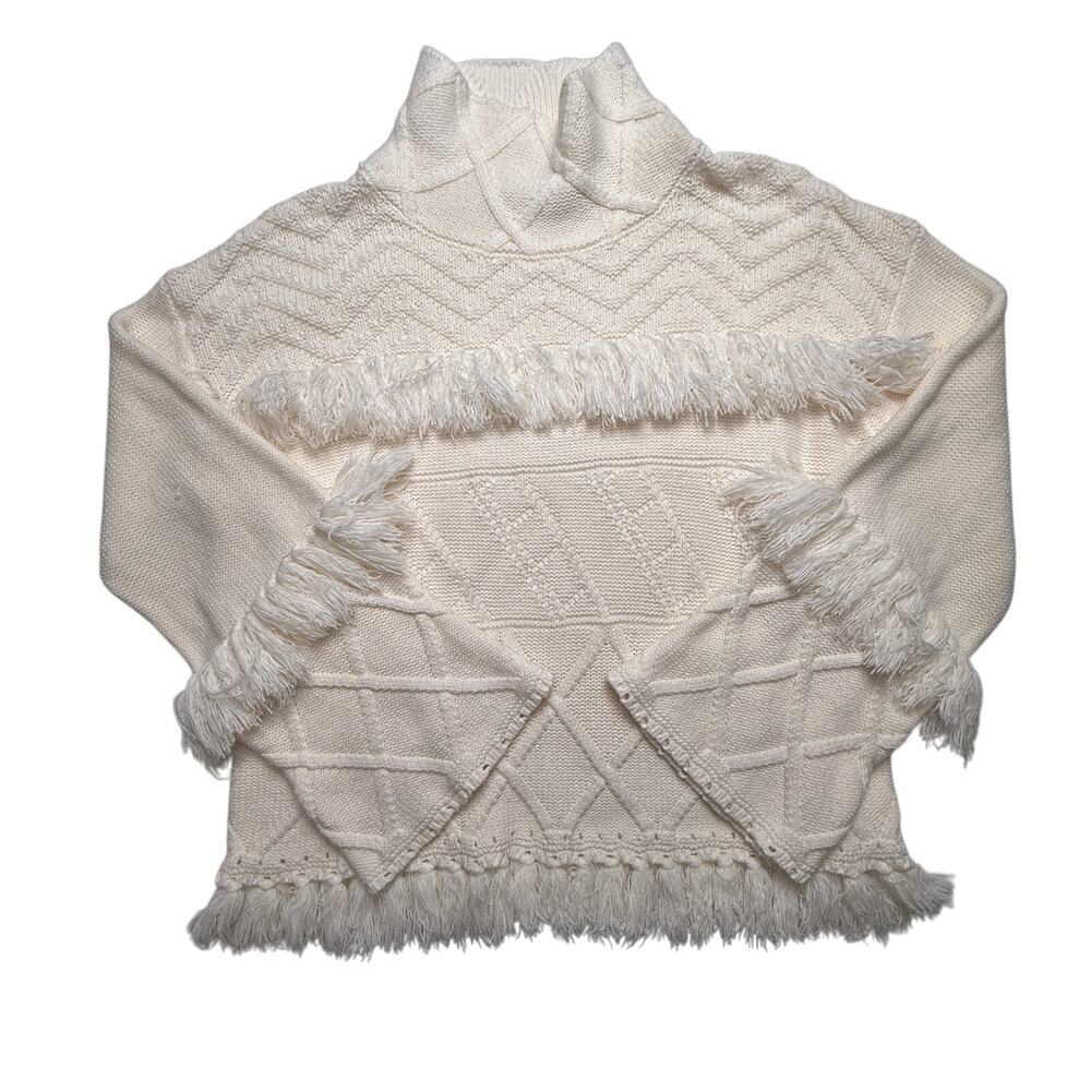 Gianni Bini Fringe Knit Sweater Cream High Neck Textured Boho Western Medium